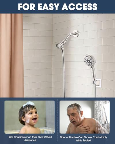 Handheld Shower Head with 6.56ft Extra Long Hose, On Off Switch 8-Seting High Preesure Hand Held Showerhead, Low-Reach Adhesive Holder for Kid, Disable& Elder (Brushed Nickel) - color: Brushed Nickel