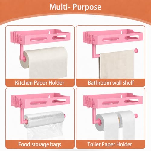Pink Paper Towel Holder Wall Mount with Shelf, Easy One Hand Tear, Adhesive Glue or Drill Mount Hanging Paper Towel Holder with Shelf for Kitchen/Bathroom/RV, Metal, 4 Hooks - color: Pink