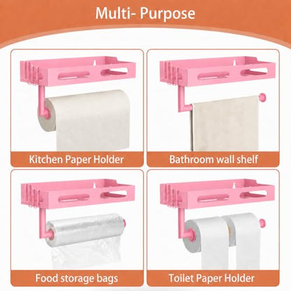 Pink Paper Towel Holder Wall Mount with Shelf, Easy One Hand Tear, Adhesive Glue or Drill Mount Hanging Paper Towel Holder with Shelf for Kitchen/Bathroom/RV, Metal, 4 Hooks - color: Pink