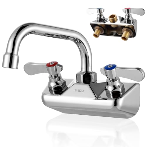 Commercial Hand Sink Faucet: 6" Swivel Spout 4'' Center Wall Mount Utility Faucet, Brass Constructed with 360° Swivel Spout, Dual Lever Handles, Restaurant/Laundry/Bar/RV, Chrome Polished - size: 4"center 6"
