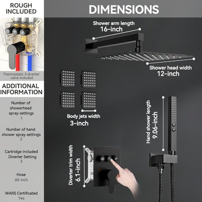 STARBATH Shower System with 4 Body Jets, 12" Wall Mounted Rain Shower System with Handheld Spray, Can Use All at Once, Push Button Complete Shower Faucets Sets with Valve and Trim Kit,Matte Black - color: Matte Black, size: 12"-04