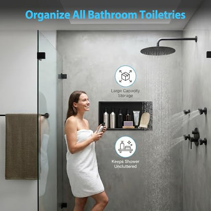 304 Stainless Steel Shower Niche 24" x 12" for Bathroom Storage | Waterproof Matte Black Recessed Shower Niche No Tile Needed - size: 24 x 12 inch