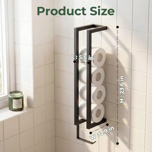 SpaceTime Toilet Paper Holder with Hook for 5 Rolls,Wall Mounted Toilet Paper Storage Holder,Modern Matte Black Carbon Steel Tissue Roll Holder with Reserve Rack for Bathroom,Kitchen & Washroom