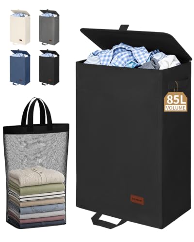85L Laundry Hamper with Lid, Large Clothes Hamper, Black | Foot Loop & Removable Bag Easy to Lift and Carry, Tall & Collapsible Laundry Basket for Bathroom, Bedroom, Laundry Room, Dorm - color: Black