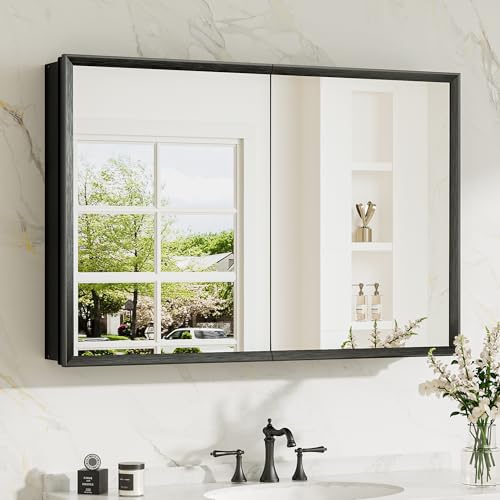 36 x 24 Black Recessed Medicine Cabinets, Assembly Required, Bathroom Mirror Medicine Cabinet, Lightweight Aluminum Frame， Stepless Adjustable Shelves, Tempered Glass - color: Black, size: 36x24 in