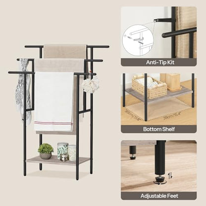 HOOBRO 39.4" Tall Freestanding Towel Rack for Bathroom, 3 Tier Stepped Blanket Rack with Shelf, Oversized Bath Towels Drying and Display Rack, Black and Rustic Brown BG50LB01 - color: Greige + Black