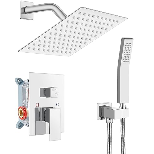 gotonovo Rainfall Bathroom Shower System Rain Shower Head and Handle Set Wall Mounted Shower Complete Combo Solid Brass Pressure Balancing Shower Mixer Valve 8 Inch Polished Chrome - color: Polished Chrome, size: 8 Inch
