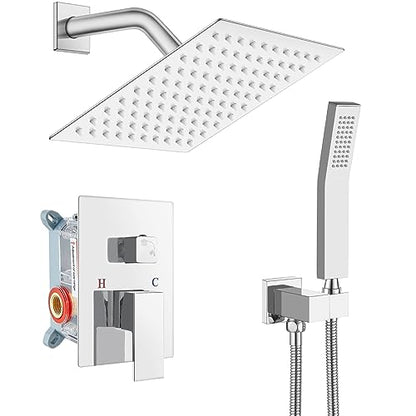 gotonovo Rainfall Bathroom Shower System Rain Shower Head and Handle Set Wall Mounted Shower Complete Combo Solid Brass Pressure Balancing Shower Mixer Valve 8 Inch Polished Chrome - color: Polished Chrome, size: 8 Inch