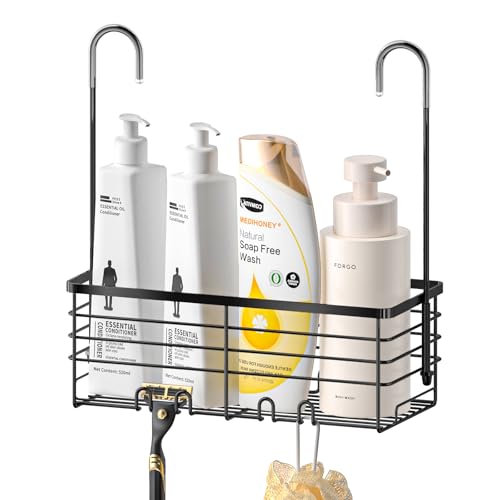 SHANSHUI Shower Hanging Caddy, Bathroom Shower Organizer Basket, Shampoo Bracket Over Door Rack with Hooks, 304 Stainless Steel - size: 11.1"D x 4.7"W x 13.6"H