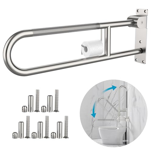 Toilet Grab Bar 30.3 Inch, Munzong Anti-Slip Handicap Grab Bars with Paper Holder, Flip-Up Bathroom Toilet Safety Rails, Stainless Steel Knurled Support handrails for Seniors Elderly Disabled Pregnant | Anti-Slip Bathroom Toilet Safety Rails Stainless Ste