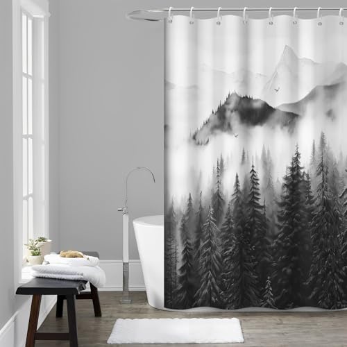 Black Forest Shower Curtain with Hooks for Bathroom 60x72 Inch | Waterproof Nature Foggy Mountain Shower Curtain Set, Soft and Lightweight Bathroom Decor, Machine Washable - color: Black, size: 60"W x 72"L (Pack of 1)