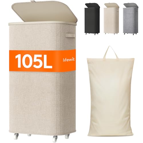 Lifewit 105L Plastic Laundry Basket with Lid, Large Clothes Hamper with Wheels and Removable Bag, Tall Collapsible Rolling Storage Bin for Dorm Bedroom Bathroom, Beige - color: Beige, size: 105L