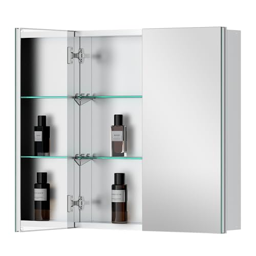 24"x26" 2-Door Medicine Cabinet with Mirror, Recessed or Surface | Premium double-door mirror cabinet with anodized aluminum frame, adjustable shelves, soft-close hinges, Silver - color: 24"w X 26"h 2-door
