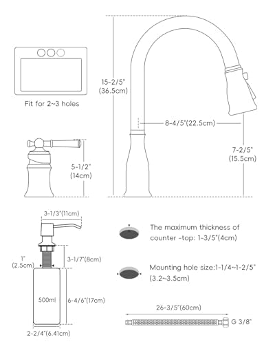 3 Holes Kitchen Sink Faucets with Pull Down Sprayer and Soap Dispenser, 2 Holes Brushed Nickel Sink Faucet for Kitchen by DAYONE, Single Handle High Arc, DAY-279BN - color: Brushed Nickel, style: 3 Holes