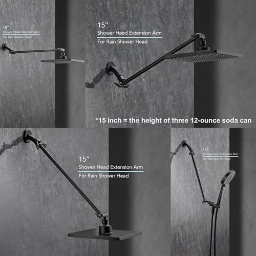 15 Inch Extra Long Adjustable Shower Head Extension Arm With Locking Set Screw, Singing Rain 304 Stainless Steel Angle Height Adjustable, Easy Install, G1/2 Universal Connector Compatible (Matt Black) - color: 3. Matte Black, style: 15 inch