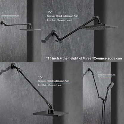15 Inch Extra Long Adjustable Shower Head Extension Arm With Locking Set Screw, Singing Rain 304 Stainless Steel Angle Height Adjustable, Easy Install, G1/2 Universal Connector Compatible (Matt Black) - color: 3. Matte Black, style: 15 inch