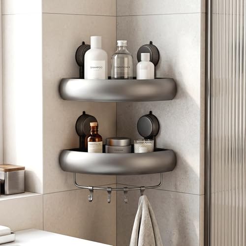 Corner Shower Caddy Suction Cup,2 Pack Gray No-Drilling Shower Shelves,Rust Proof Shower Racks for Inside Shower with Removable Hooks and Towel Bar - color: Corner-Black