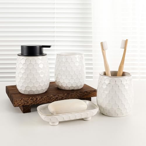 Bathroom Accessory Set 4PCS, Ceramic Bathroom Accessories Set, Bathroom Accessories Sets Complete, White Honeycomb Design, Home Apartment Modern Bath Decor Vanity Countertop, ANTIS'S HOME - size: Liquid
