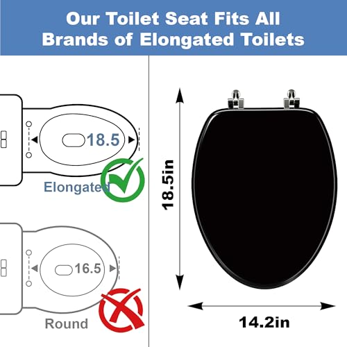 Deewow Black Elongated Wood Toilet Seat, Heavy Duty Toilet Seat with Baked Enamel Finish Support 400 lbs, Oval Wooden Toilet Lid with Chrome Hinges, Grip-Tight Bumpers - Easy to Clean, Quick Assembly - color: Black, size: Elongated Non-Slow Close