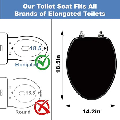 Deewow Black Elongated Wood Toilet Seat, Heavy Duty Toilet Seat with Baked Enamel Finish Support 400 lbs, Oval Wooden Toilet Lid with Chrome Hinges, Grip-Tight Bumpers - Easy to Clean, Quick Assembly - color: Black, size: Elongated Non-Slow Close