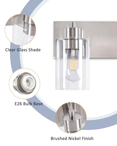 2-Light Brushed Nickel Bathroom Vanity Lights, Clear Glass | Brushed Nickel Metal Frame,Up/Down Wall Mount,cylinder Glass Shade,Kitchen Hallway Bedroom Indoor Use,Easy Install,E26 Base - size: 2-light