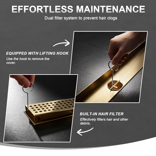 Linear Shower Drain - 18 Inch Brushed Gold, with Grate Removable | AISI 304 Stainless Steel Shower Drain with Adjustable Feet, Hair Catcher, Rectangle Shower Floor Drain Fits Bathroom, Balcony - color: Brushed Gold, size: 18 Inch