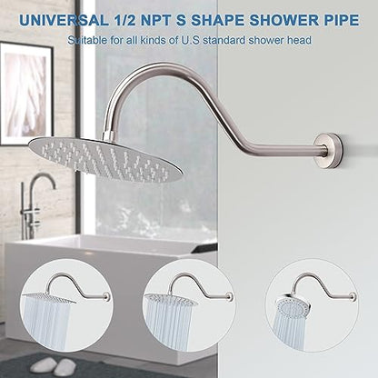 S Shaped Shower Arm, High Rise Shower Head Extension Pipe Standard 1/2" Connection with Flange, Awesome Shower Experience-Stainless Steel Bathroom Accessory(16 Inch J-S Shape, Brushed Nickel) - color: Brushed Nickel, style: 16" J Shape