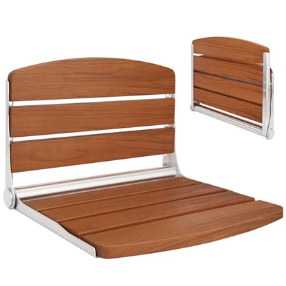 Folding Shower Seat Chair for Inside Shower Wall Mounted for Small Spaces | Teak wood & stainless steel, folds flat to 2", 400lb capacity, safety pinch-proof design for bathroom/sauna/dressing.