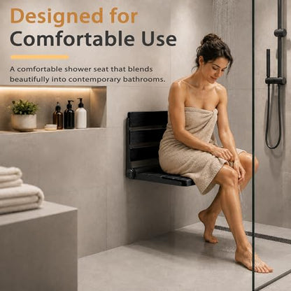 Folding Shower Seat Teak, Bathla Safety Furniture Stainless Steel, Shower Seats for Elderly, Fold Down Shower Seat, Black Wood - color: Black and Black Stainless Steel