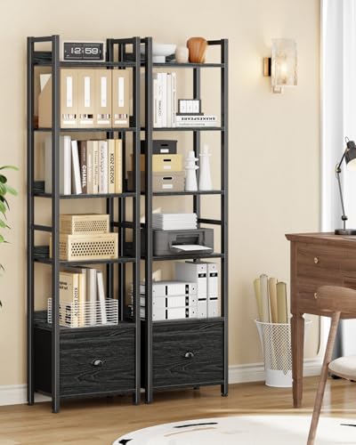 Furologee Book Shelf Set of 2, 6 Tier Tall Shelf with Drawer, Bookshelves and Bookcases Set of 2, Industrial Display Shelving Unit for Bedroom, Living Room, Home Office, Black Oak - color: Black Oak, size: 6 Tier-2 PCS