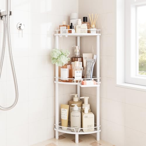 ELYKEN Corner Shower Caddy Standing, 3 Tier Metal Shower Organizer, White | Stainless Steel Shower Shelves with Soap Holder, Adjustable Feet & 2 Hooks for Storing Bath Essentials in Bathroom corner - color: White, size: 3 Tier