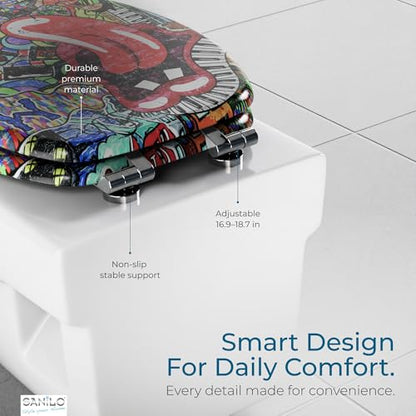 SANILO Wooden Toilet Seat with Soft Close [ELONGATED] - Decorative, Quiet & Slow Close Molded Wood Seat - With Strong Bumpers & Hinges - Adjustable Fit - Graffiti - color: Graffiti