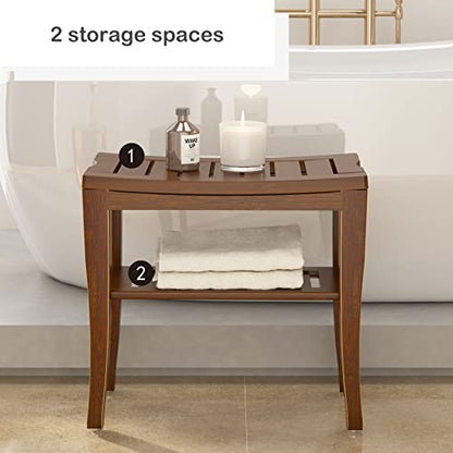 SogesHome Bamboo Shower Bench, Shower Caddies Foot Rest with Storage Shelf for Shampoo Towel, Ideal for Bathroom/Living Room/Bedroom, Dark Brown - color: Dark Brown