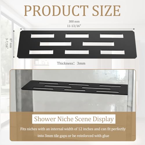 12 Inch Shower Niche Shelf Powder Coated 316 Stainless Steel Tile Insert | Rectangular Shelf for 12 Inch Tile Prefabricated Niches, Fits 1/8 Inch Grout Lines, Shower Niche Insert Powder Coated Finish - size: 316 Stainless Steel - Black