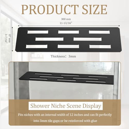 12 Inch Shower Niche Shelf Powder Coated 316 Stainless Steel Tile Insert | Rectangular Shelf for 12 Inch Tile Prefabricated Niches, Fits 1/8 Inch Grout Lines, Shower Niche Insert Powder Coated Finish - size: 316 Stainless Steel - Black