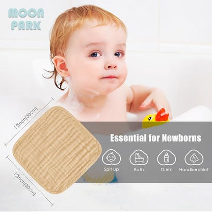 MOON PARK Baby Washcloths, 12 Pack - 12x12 Inches, Small Burp Cloths and Baby Wipes - 100% Cotton Muslin Ultra Soft for Newborn, Infant and Toddlers - Brown - color: Brown