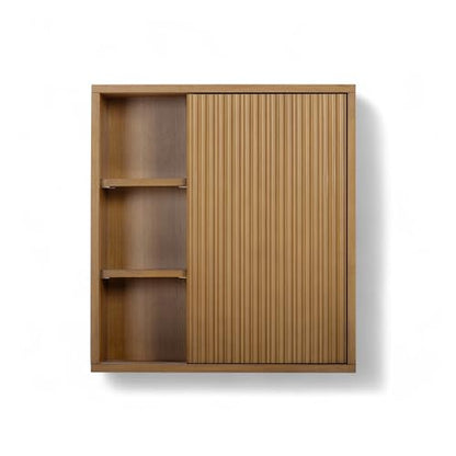 Teamson Home 22″ Wide Bathroom Wall Cabinet with Open Compartments & 1 Door with Fixed Interior Shelf, Wall Mounted Medicine Cabinet with Wooden Bracket for Mounting, Fluted Finish in Natural Tone | Open Compartments, 1 Door with Fixed Interior Shelf, Woo
