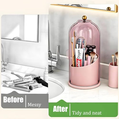 JEESA Dustproof Toothbrush Holder with Cover, Pink | 360° Rotating, 180° Sliding Lid, 3 Slots, Toothbrush Organizer, for Bathroom Countertop - color: Pink