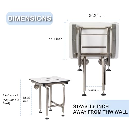 Grab Bar Specialists Folding Shower Seat HDP with Legs, ADA Compliant, 400lbs Capacity, White, 34.5" x 16" - size: 34.5