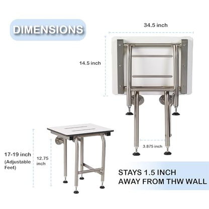 Grab Bar Specialists Folding Shower Seat HDP with Legs, ADA Compliant, 400lbs Capacity, White, 34.5" x 16" - size: 34.5