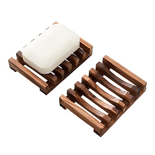 Wooden Soap Dish for Shower,Set of 2 Shower Soap Holder,Self draining Bar Soap Holder for Bathroom, Homemade Soaps Saver Natural Soaps Tray, Vowupt - color: Brown