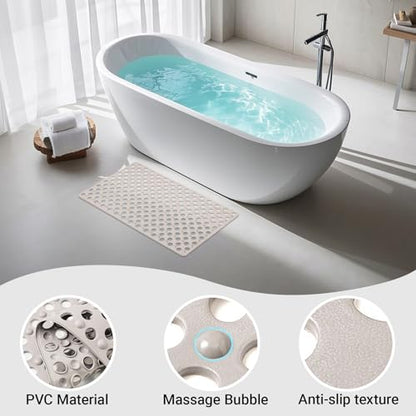 Non Slip Bathtub and Shower Mat 31x17 inch,Bath Mat with Quick Dry Drain Holes and Suction Cups, Soft Comfortable Safe Bathroom Mat for Bath Tub, Floor, Tile (Khaki) - color: Khaki