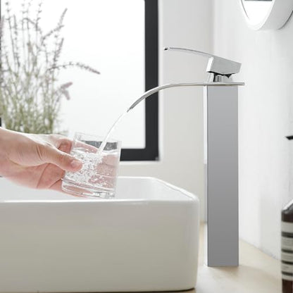 RUMOSE Tall Bathroom Faucet Vessel Sink Faucet with Drain, Polished Chrome | Modern Single Handle One Hole Bathroom Faucet Waterfall Rv Lavatory Vanity Faucet Mixer Tap, Pop Up Drain, Stainless Steel - color: Polished Chrome