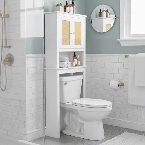 Over Toilet Storage Cabinet with Barn Door & Adjustable Shelves | 24 Inch Wide Bathroom Organizer, Space-Saving, Sturdy Wood, Anti-Tipping, Easy Assembly, for Restroom, Laundry, Small Spaces - color: White-gold