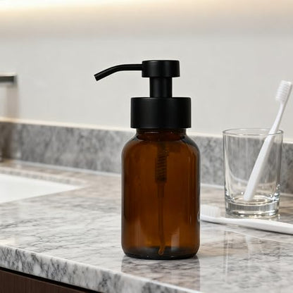 8.5 oz Amber Glass Foam soap Dispenser with Black Rust-Proof Foam Pump, refillable Thick Glass Foam soap Dispenser for Kitchen and Bathroom (1, 8.5 oz) - size: 8.5 oz