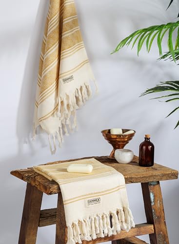 DEMMEX Organic Cotton Turkish Hand Towels for Bathroom & Kitchen – 100% Oeko-TEX Certified Turkish Cotton, Quick Dry Lightweight Hand Towels, Diamond Weave, Large 18x36 Inches, Set of 2, Mustard - color: Mustard