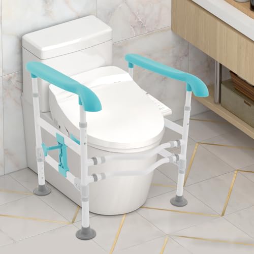 Toilet Safety Rails, Adjustable Height & Width Toilet Safety Frame, Foldable Handicap Toilet Handles for Seniors, Handicap, Disabled, 360° Rotatable Clamps, Fit Most Toilets (330 LBS Blue)
