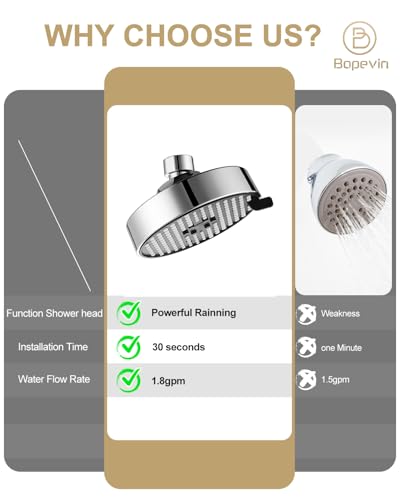 Bovepin 3 functions Rainfall Shower Head Replacement with 1.5 GMP Flow | G1/2" Universal Fitting, 360° Adjustable Brass Ball Joint, 1-Min Easy Install & Easy Clean, Chrome