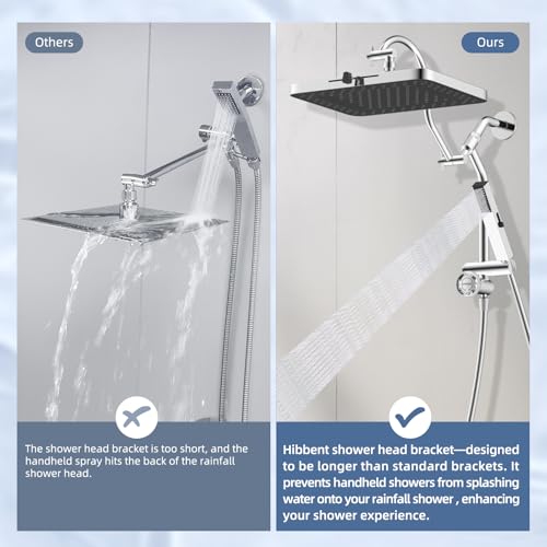 Hibbent 5-Mode 13" Rain Shower head, 4-Spray Metal Handheld Shower, Chrome | cUPC Certified High Pressure Showerhead Combo, All Metal 4-way Diverter with Extension Arm, 71'' Hose & Easy Reach Holder - color: Chrome, style: Square 13"