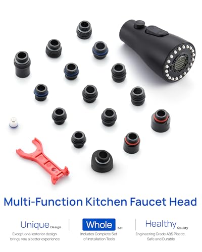 J-HVA Pull Down Kitchen Faucet Sprayer Head Replacement Part, Matte Black | with 15 Connectors, 3 Function Pull Out Sink Sprayer Replacement Nozzle, Kitchen Faucet Head Hose Spray Tap Spout - color: Matte Black